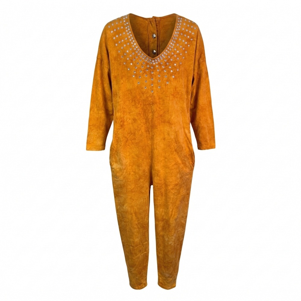 90s Vintage Risky Jumpsuit M/L Orange Acid Wash Rhinestone V-Neck Slouchy Romper